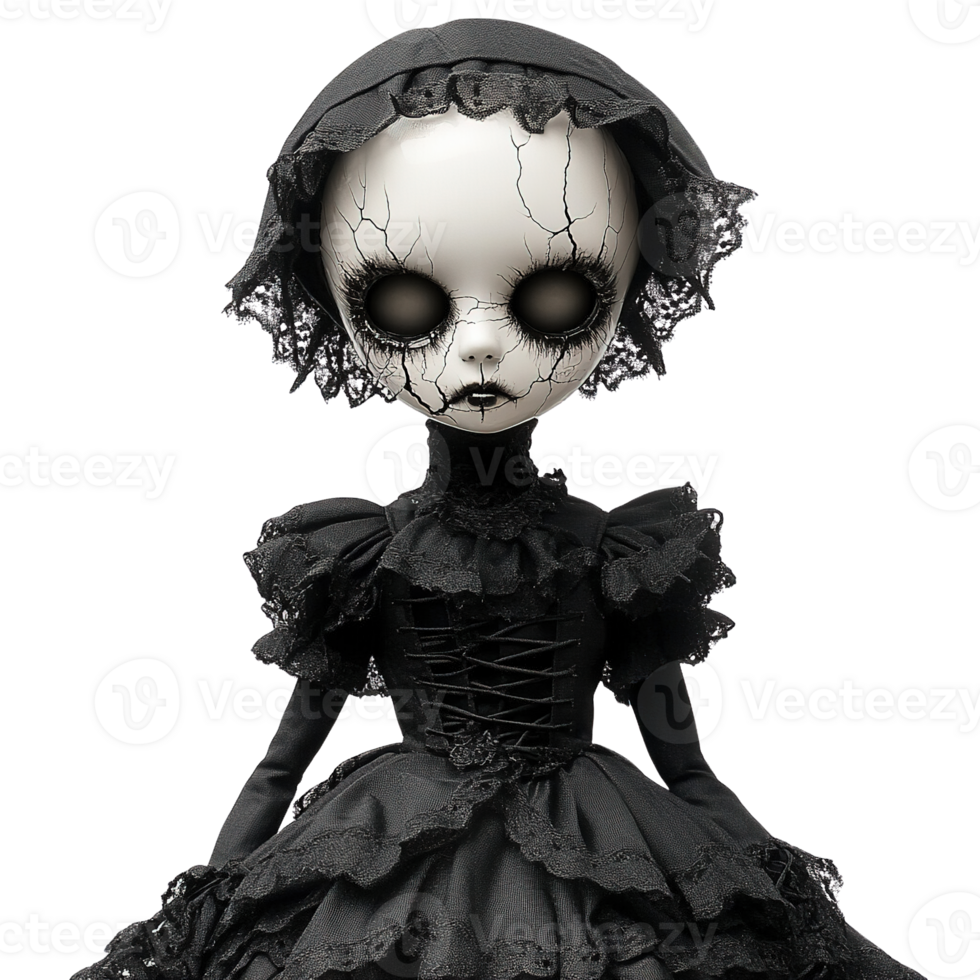 Gothic fashion doll with ruffled front and lace hem png