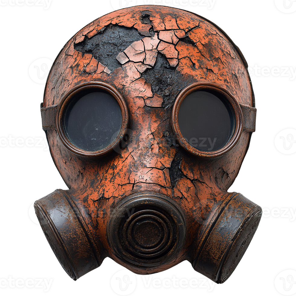 Eerie close-up of a gas mask with round eye lenses and rusted finish png