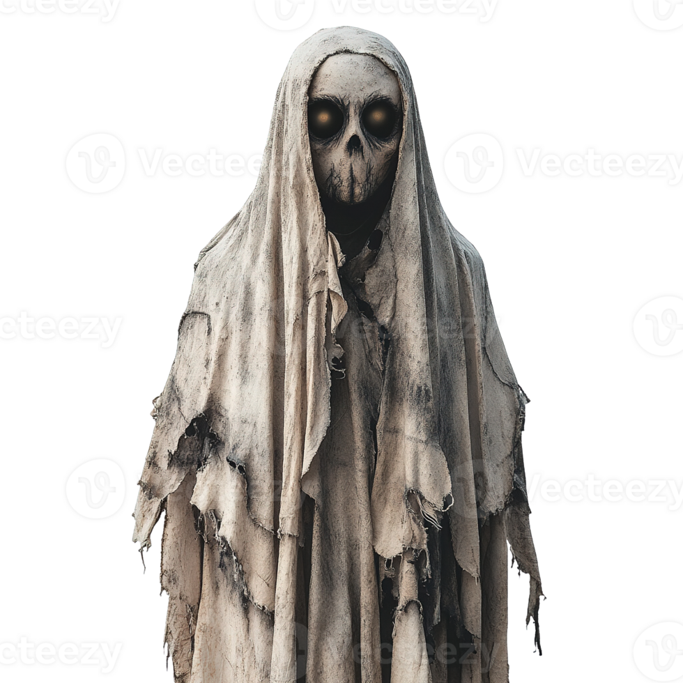 Ghostly form with burning eyes emerging from tattered cloth png