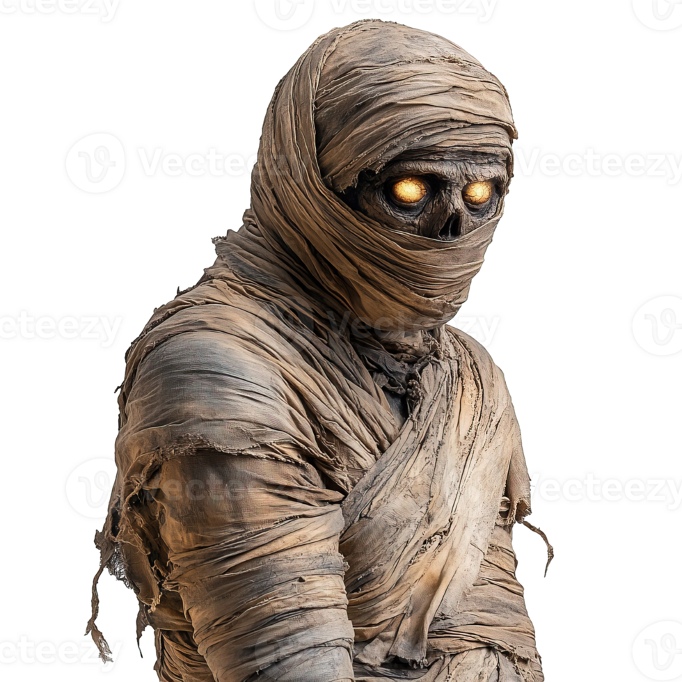 Aged mummy wrapped in tattered linen cloth with glowing eyes isolated png