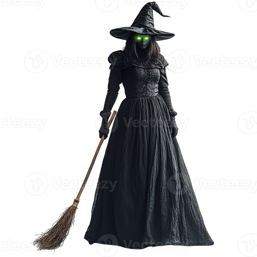 Halloween witch with a broomstick and glowing green eyes png