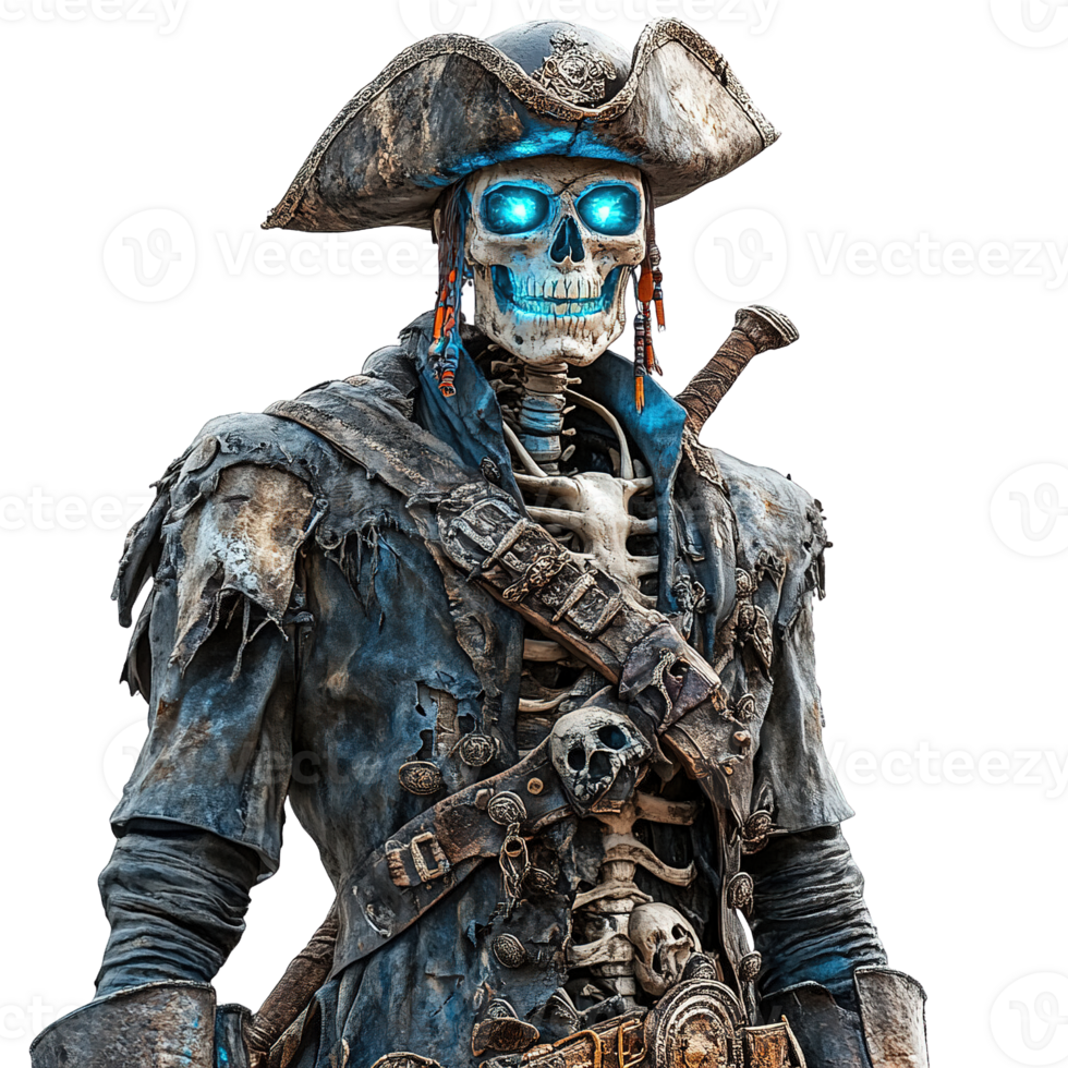 Ghostly pirate with eerie blue glow and skeletal features png