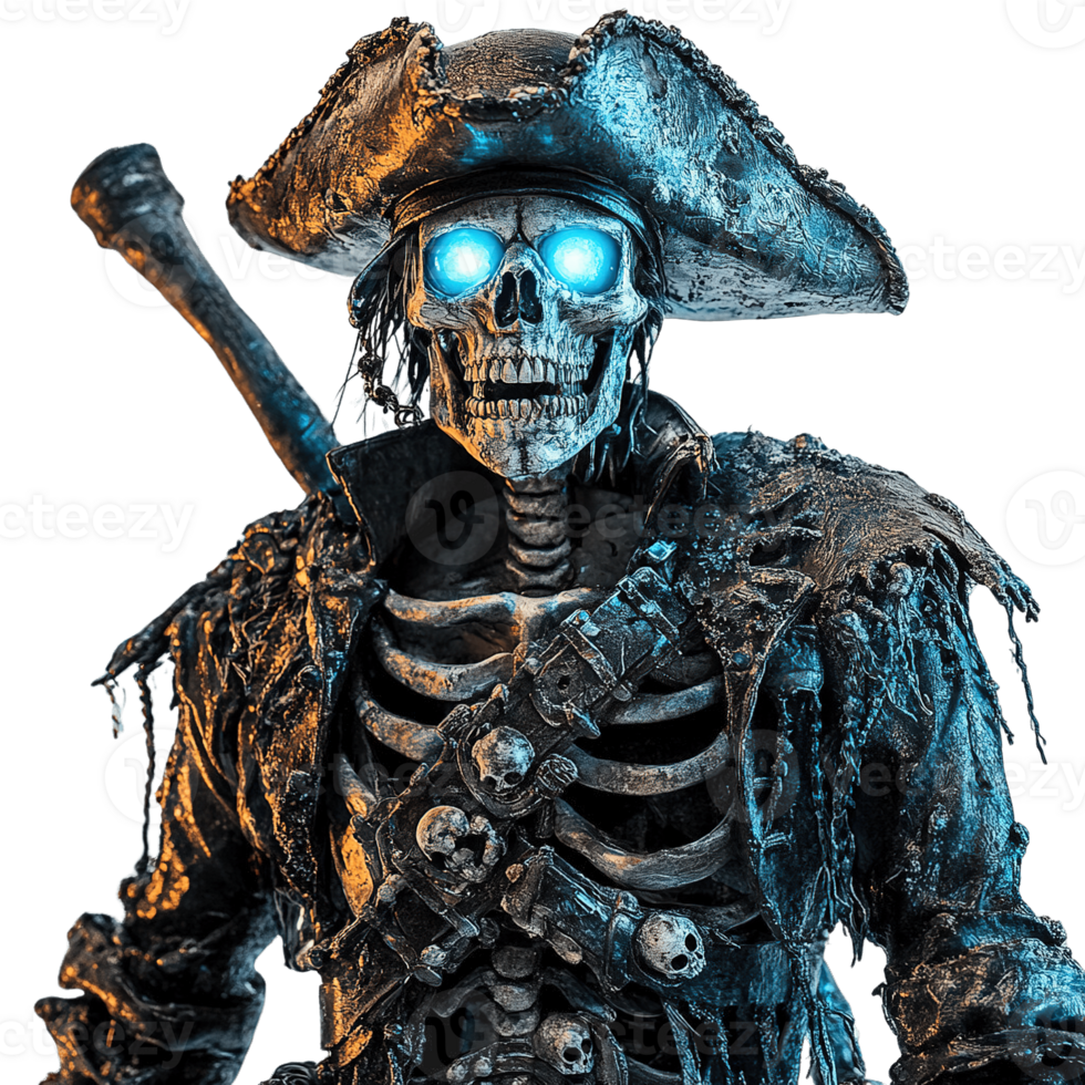 Haunted skeletal pirate with detailed weathered attire png