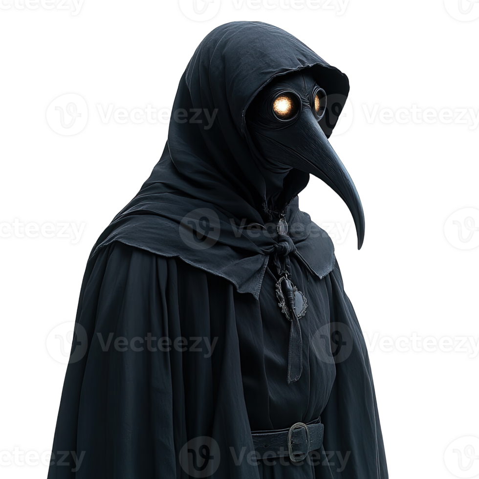 Unsettling figure of a plague doctor with a long beak mask png