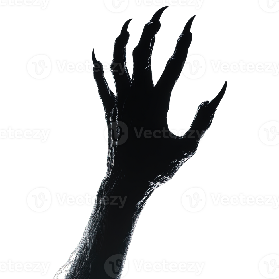 Creepy hand with sharp fingertips in silhouette isolated png