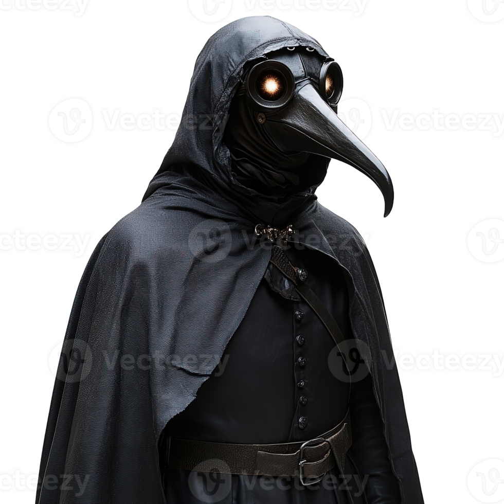 Haunting plague doctor with long beak mask and black attire png