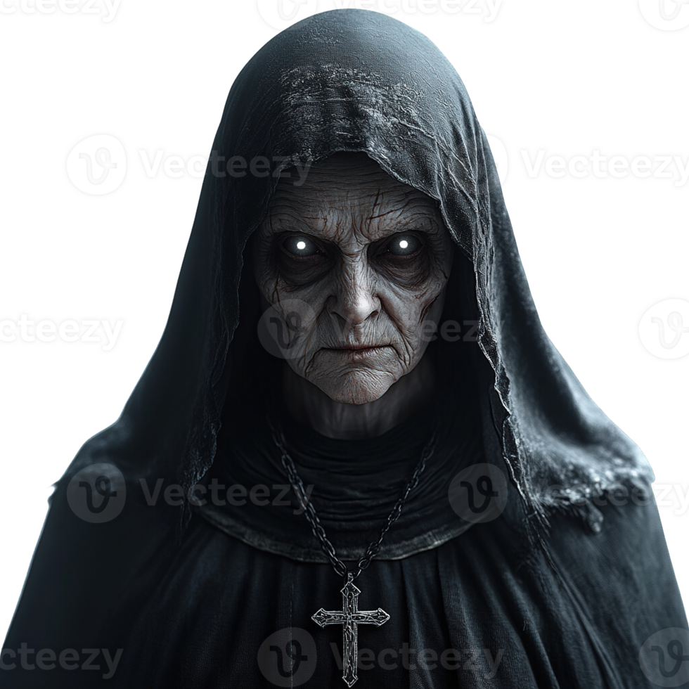 Terrifying figure of a haunted nun with glowing crimson gaze isolated png