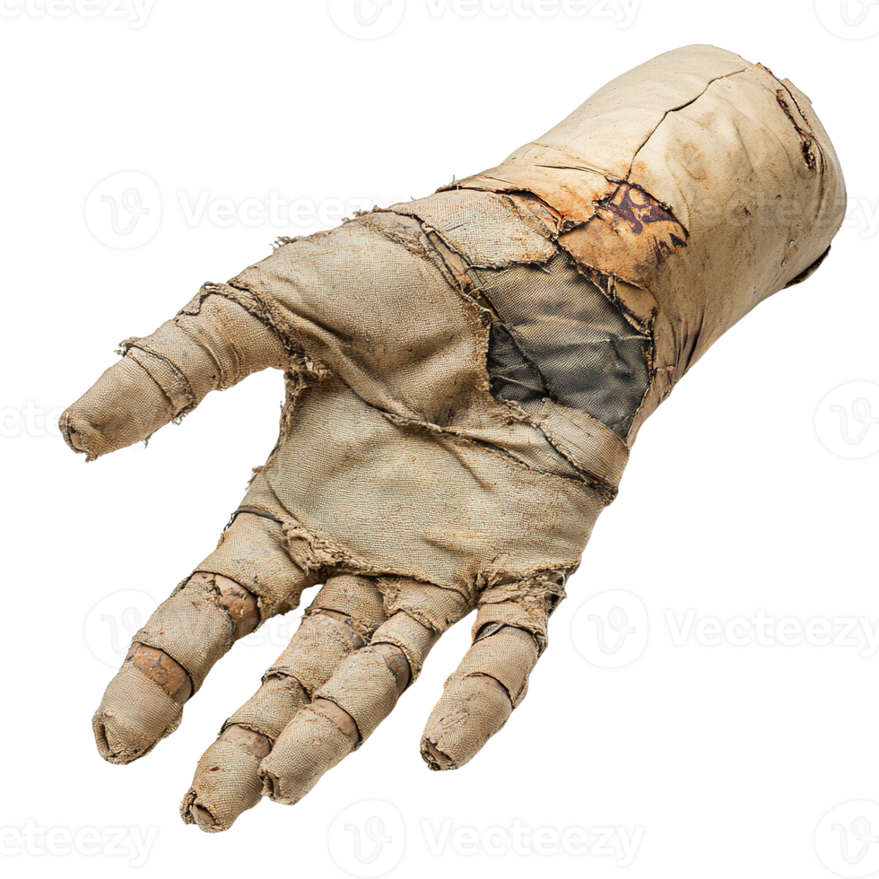 Aged and worn doll arm, revealing cracked fingers and tattered wraps isolated png