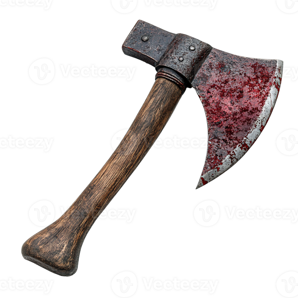 Rustic wood handle axe with red stains isolated png