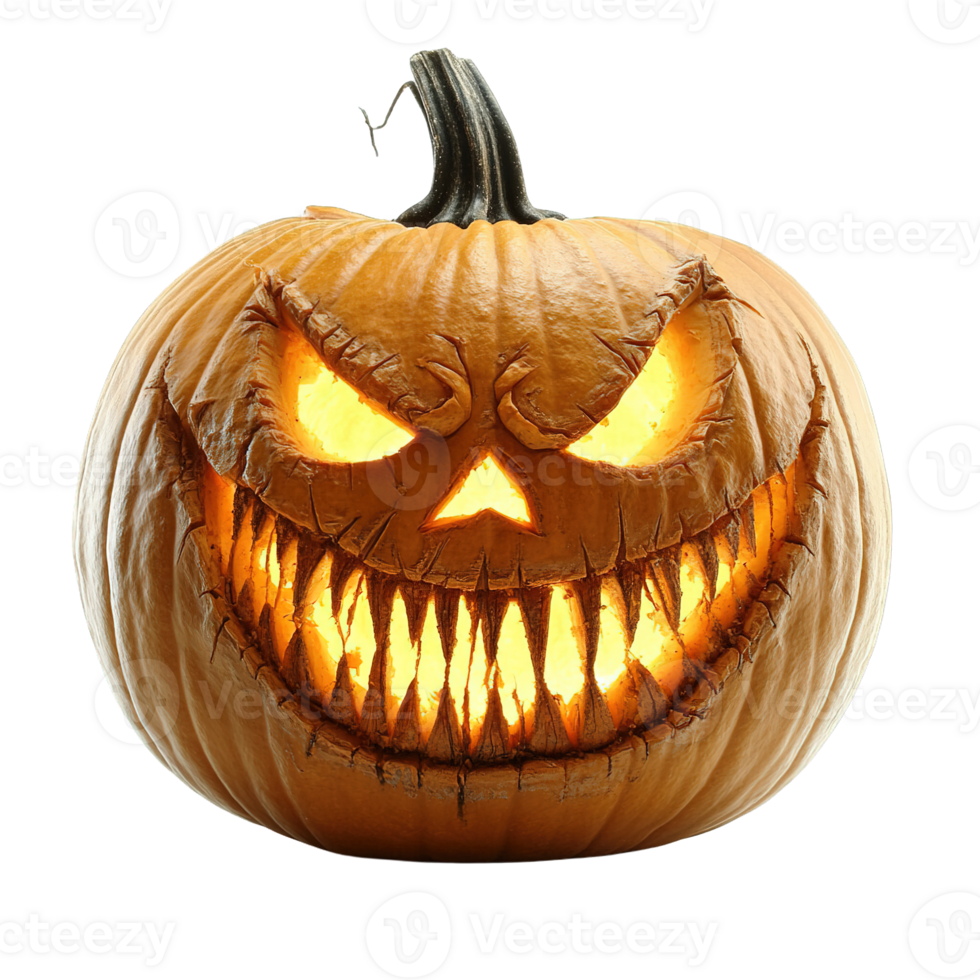 Yellow pumpkin with a scary face and teeth isolated png
