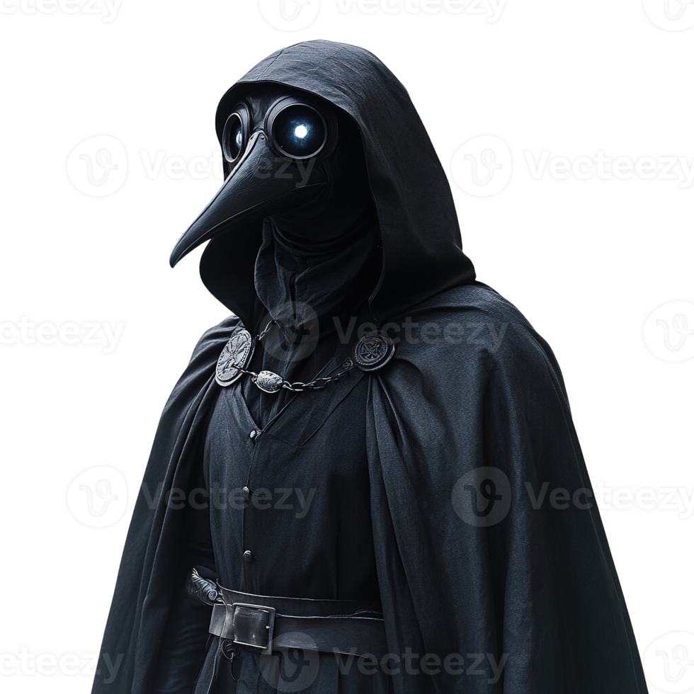 Eerie figure in a black plague doctor mask and hooded cape png