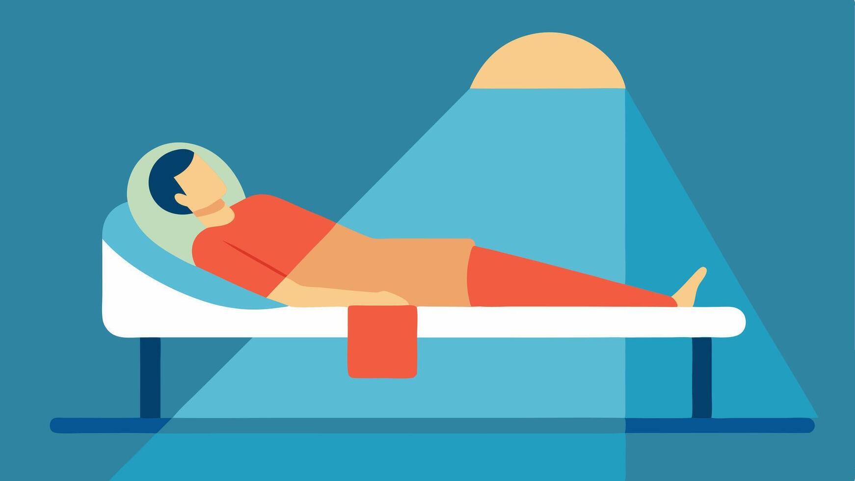 Relaxing Posture A person lying flat on a treatment table comfortably draped in a light blanket with their arms resting at their sides under a radiant infrared light panel.. vector