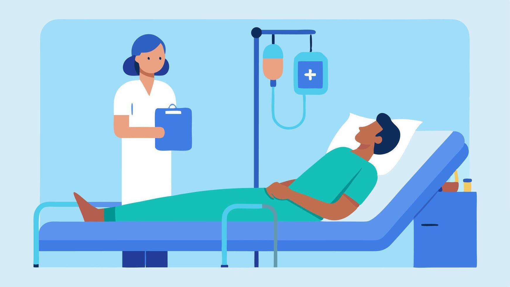 PostTreatment Care A patient in a recovery room resting comfortably while a nurse checks their vital signs depicted in a calm and serene environment.. vector