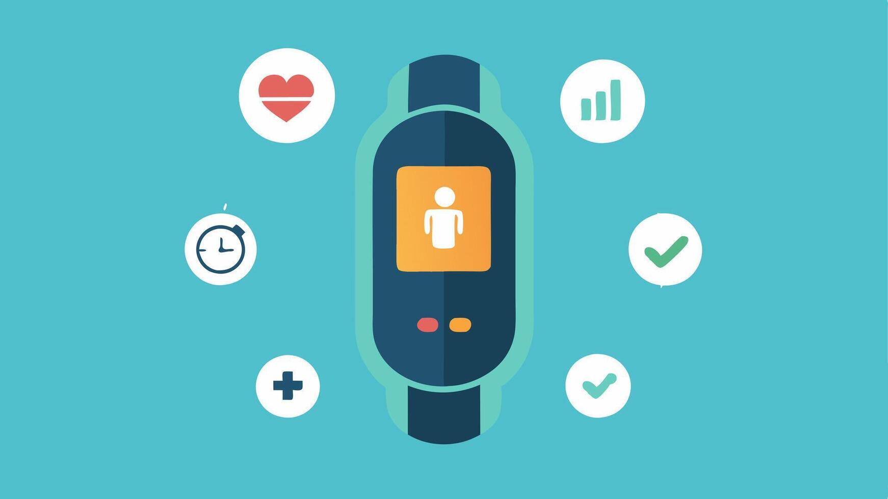 Portable Design Showcase A closeup of the tracker emphasizing its lightweight and portable design set against a background with icons of fitness and health.. vector
