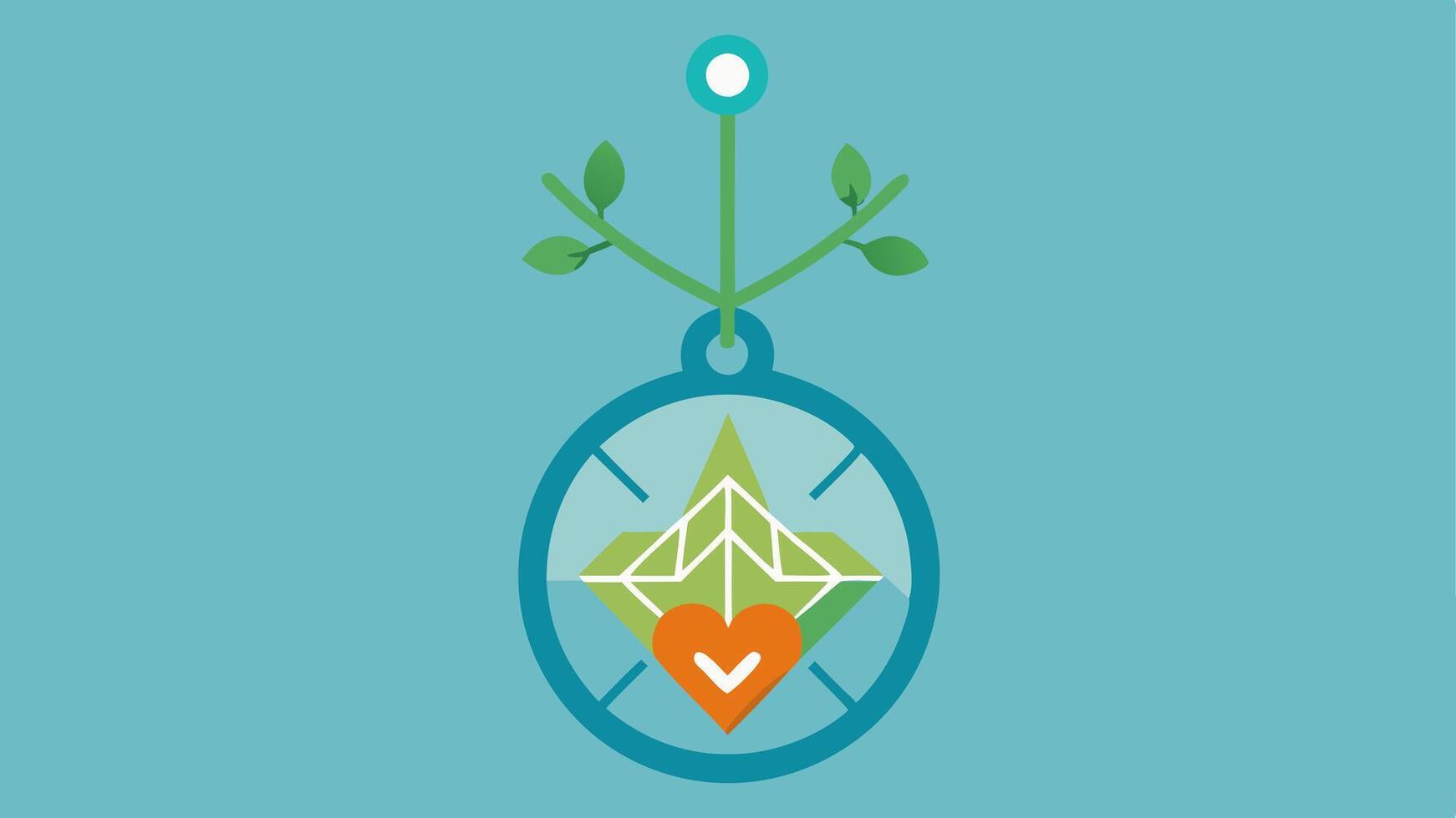 Wellness Pendant A geometric pendant that incorporates a wellness tree symbol with stylized roots and branches representing various health metrics being monitored such as heart. vector