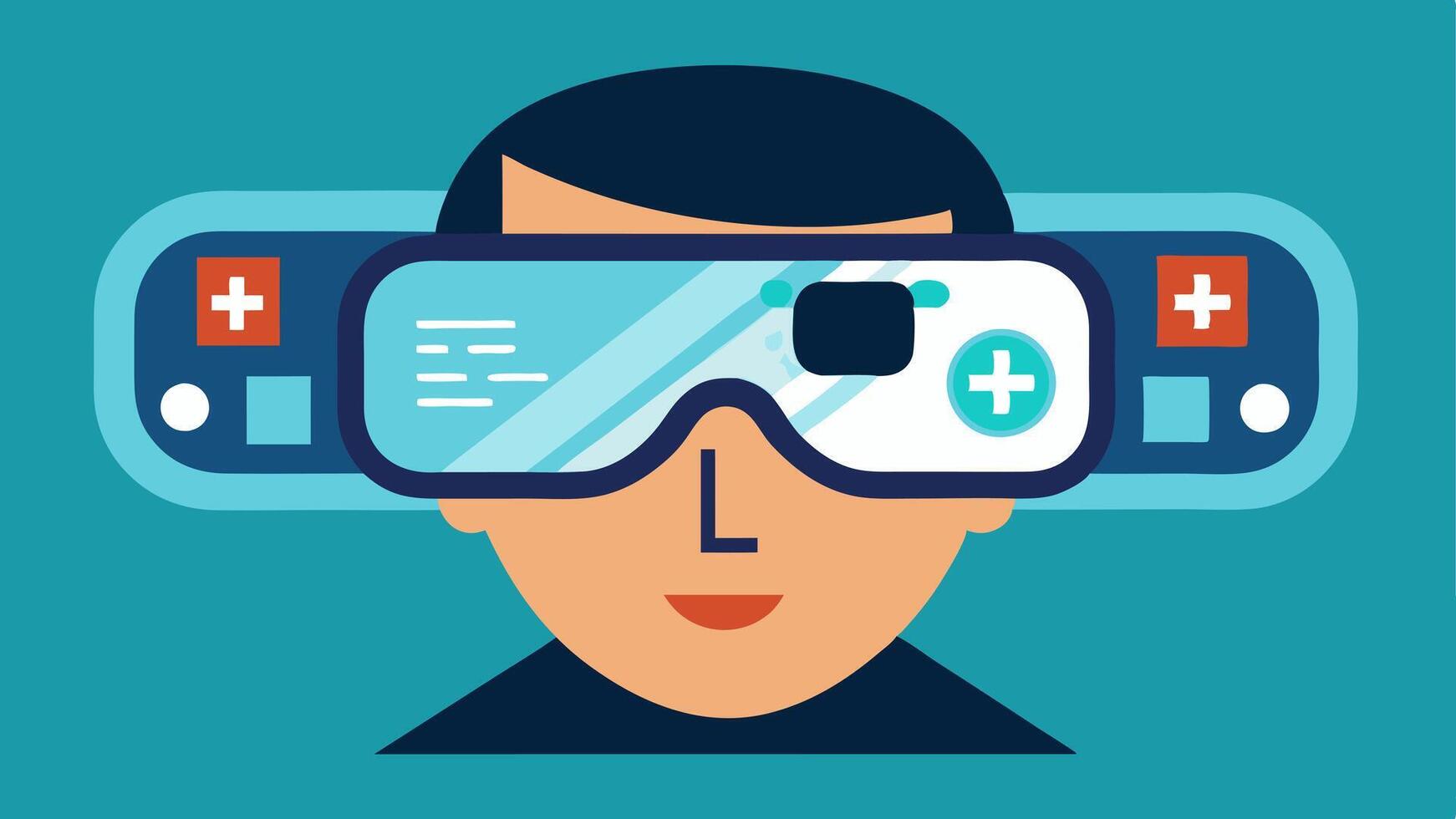 Smart Glasses Displaying Health Information A pair of smart glasses worn by an individual with augmented reality overlay showing health tips and notifications in their field of. vector