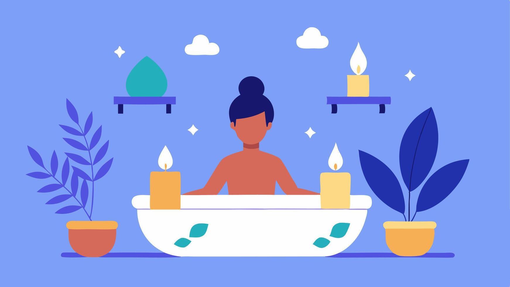 Stress Relief An illustration of a person enjoying a relaxing bath with candles and plants representing practices for managing stress and selfcare.. vector