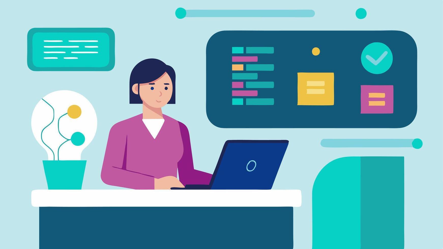 Welcome Desk A receptionist at a hightech welcome desk interacting with a holographic display to check in patients. Colorful screens show information about gene therapy options.. vector