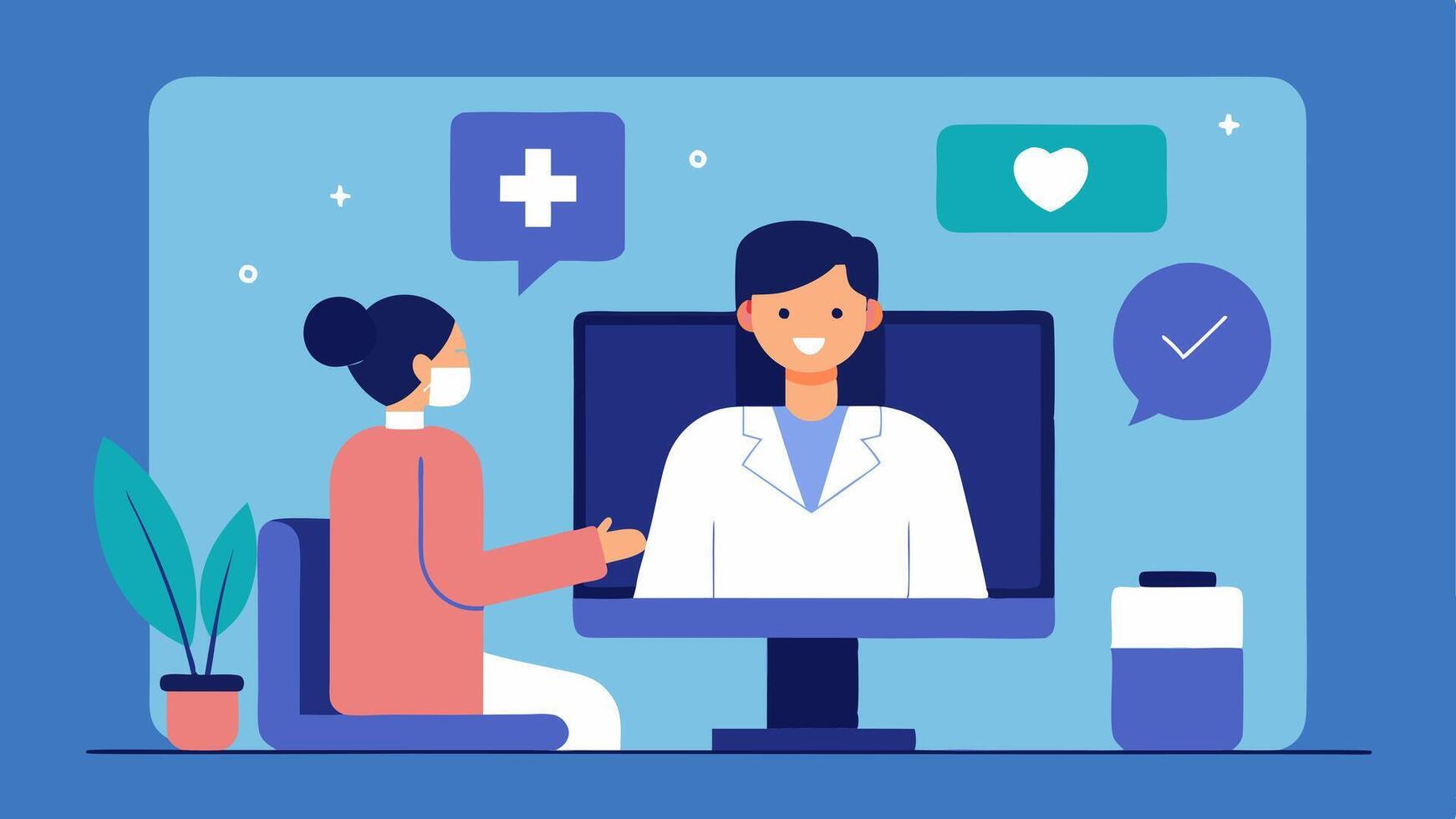 Telemedicine Consultation A doctor conducting a telemedicine consultation via a large screen in the lab providing remote wellness advice to patients.. vector