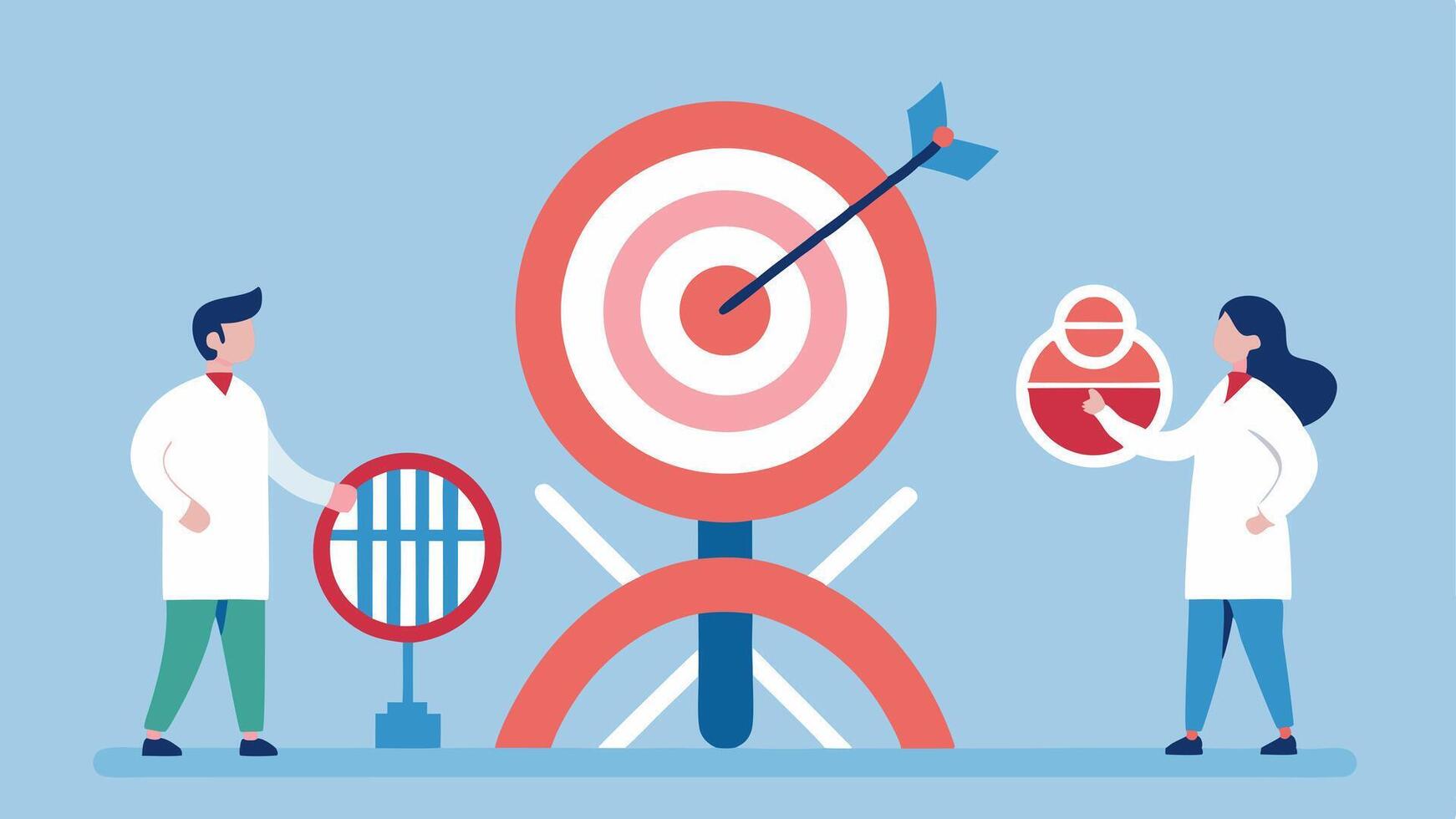 Targeting Problematic Genes An illustration featuring a target symbol overlaid on a DNA strand highlighting specific genes while researchers point and discuss strategies.. vector