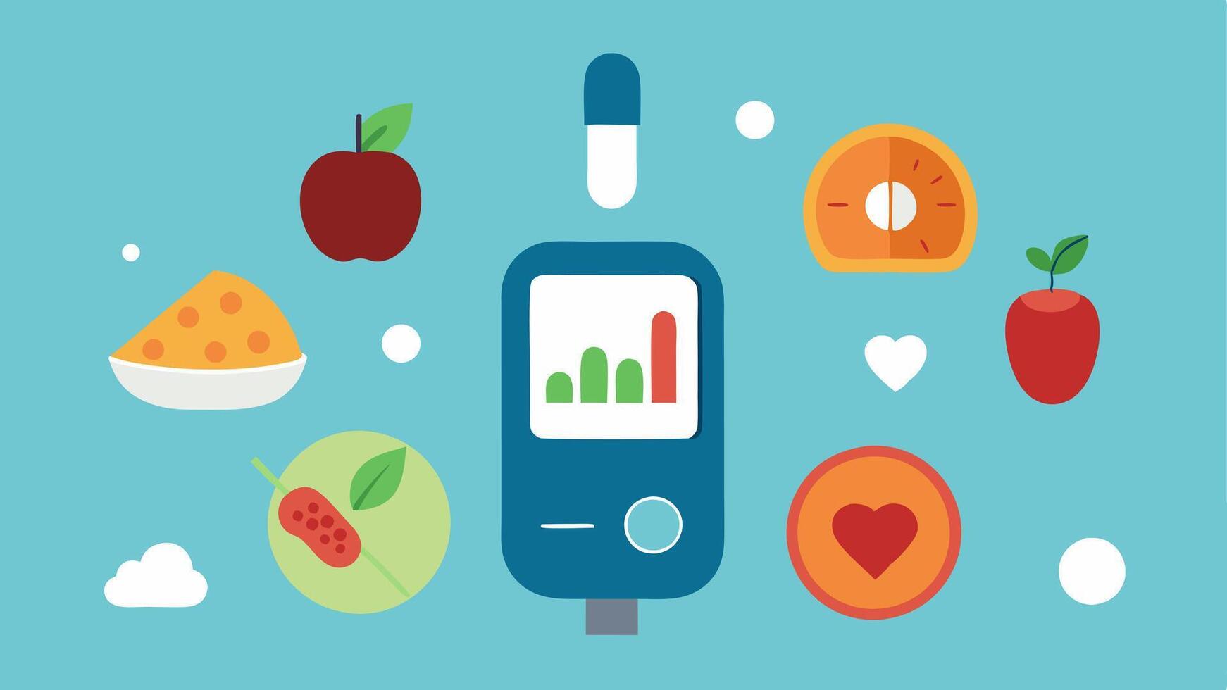 Smart Glucose Monitor A handheld device displaying a digital readout of glucose levels with a graphical representation of trends over time surrounded by icons of healthy foods.. vector