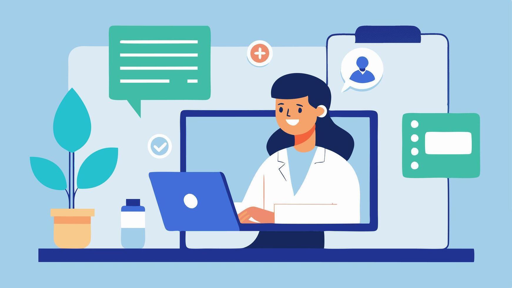 Virtual Consultation A patient interacting with a doctor via a laptop call discussing biomarkers with data charts visible on the screen.. vector