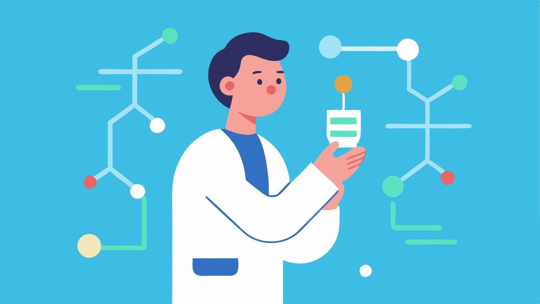 Saliva Samples A researcher holding a saliva sample tube depicting the process of collecting samples for DNA ylation analysis with DNA structures in the background.. vector