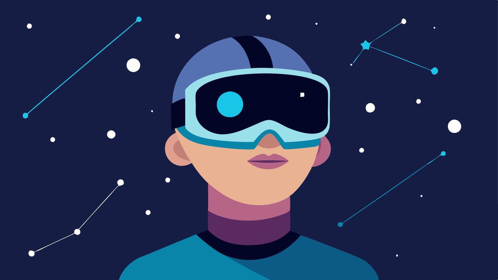 Starry Night Sky A closeup of a patients face with a VR headset gazing up at a virtual night sky filled with ling stars and constellations.. vector