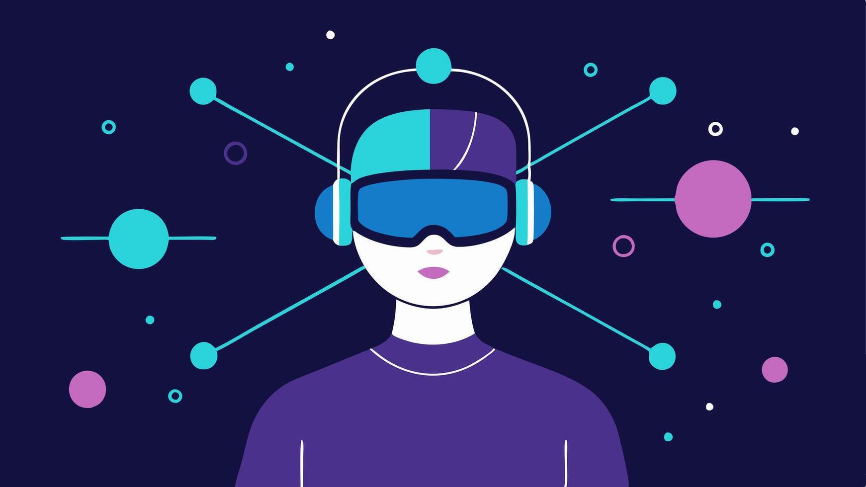 User with Headset A person wearing a sleek futuristic headset with glowing nodes. Lines represent signals flowing from their head toward a floating interface displaying icons.. vector