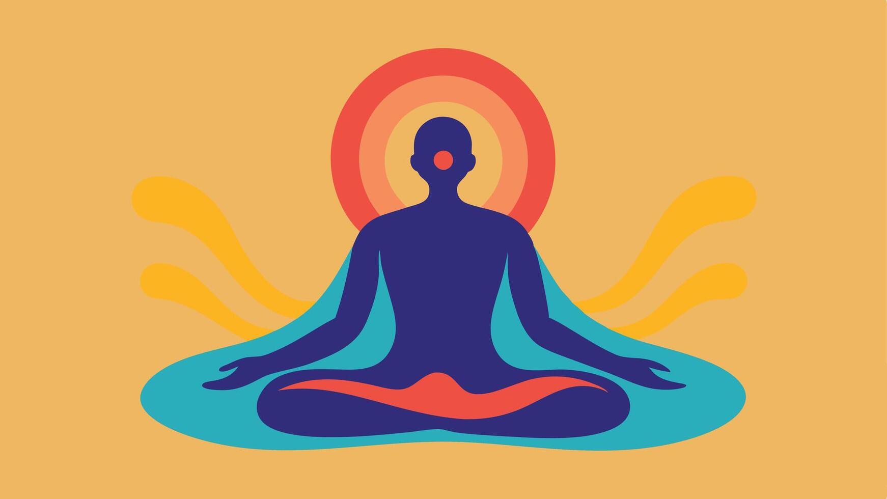 Relaxation Zone An abstract depiction of a person meditating with a glowing aura showcasing peaceful energy waves radiating outward.. vector