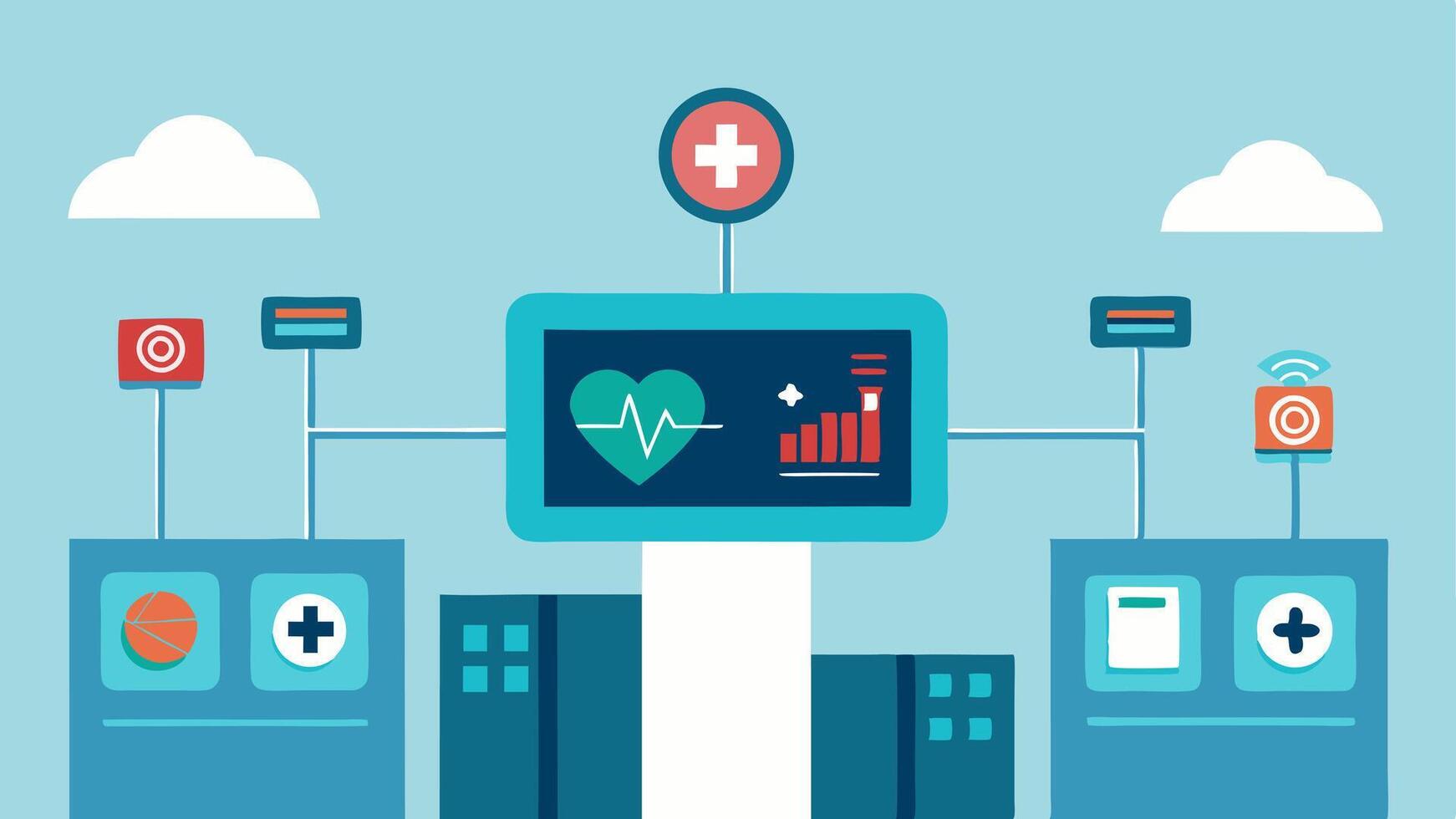 Wellness Monitoring Hub A central station in a healthcare facility filled with digital screens tracking patient wellness metrics demonstrating a focus on preventive care.. vector