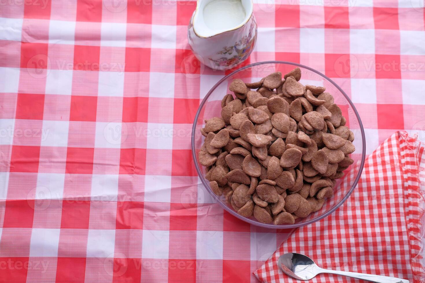 A Bowl Filled with Chocolate Breakfast Cereal Sitting on a Red Checkered Tablecloth photo