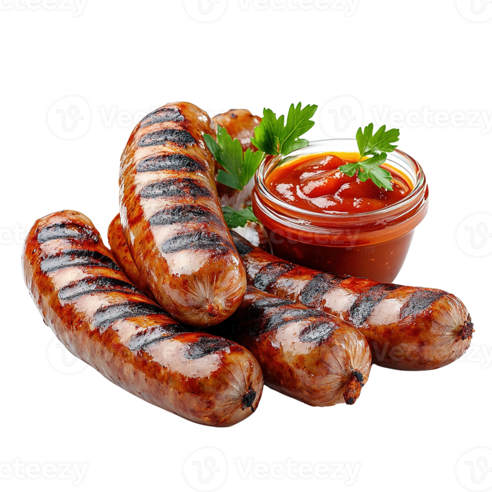 pile of grilled sausages with hot sauce png