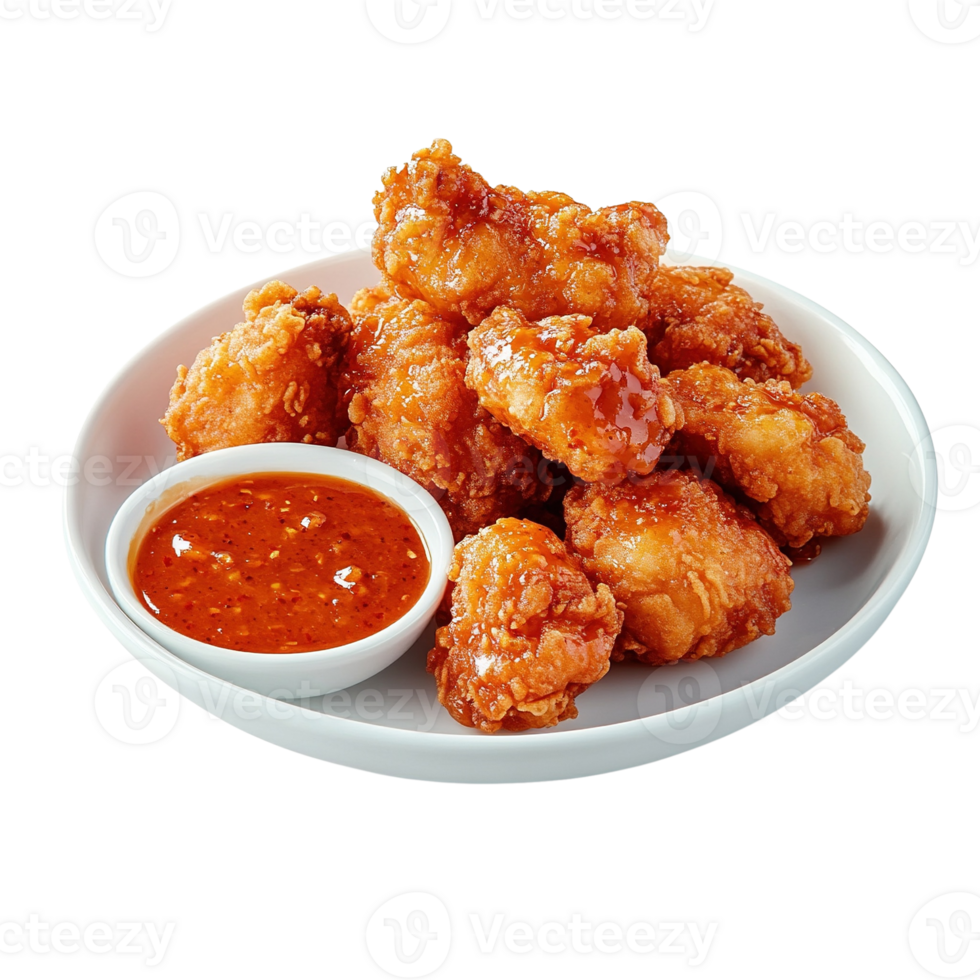 Fried chicken with spicy sauce on a white plate png