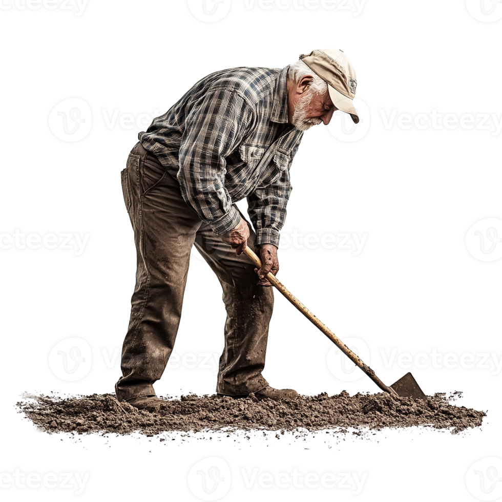 Elderly Man Digging Soil with Shovel png