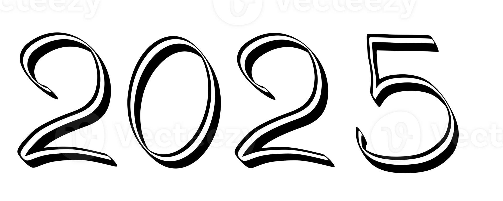 2025 new year numbers. Hand drawn numbers with marker or pen. Double outline font. Script cursive typography. Template and mockup. Transparent background. png
