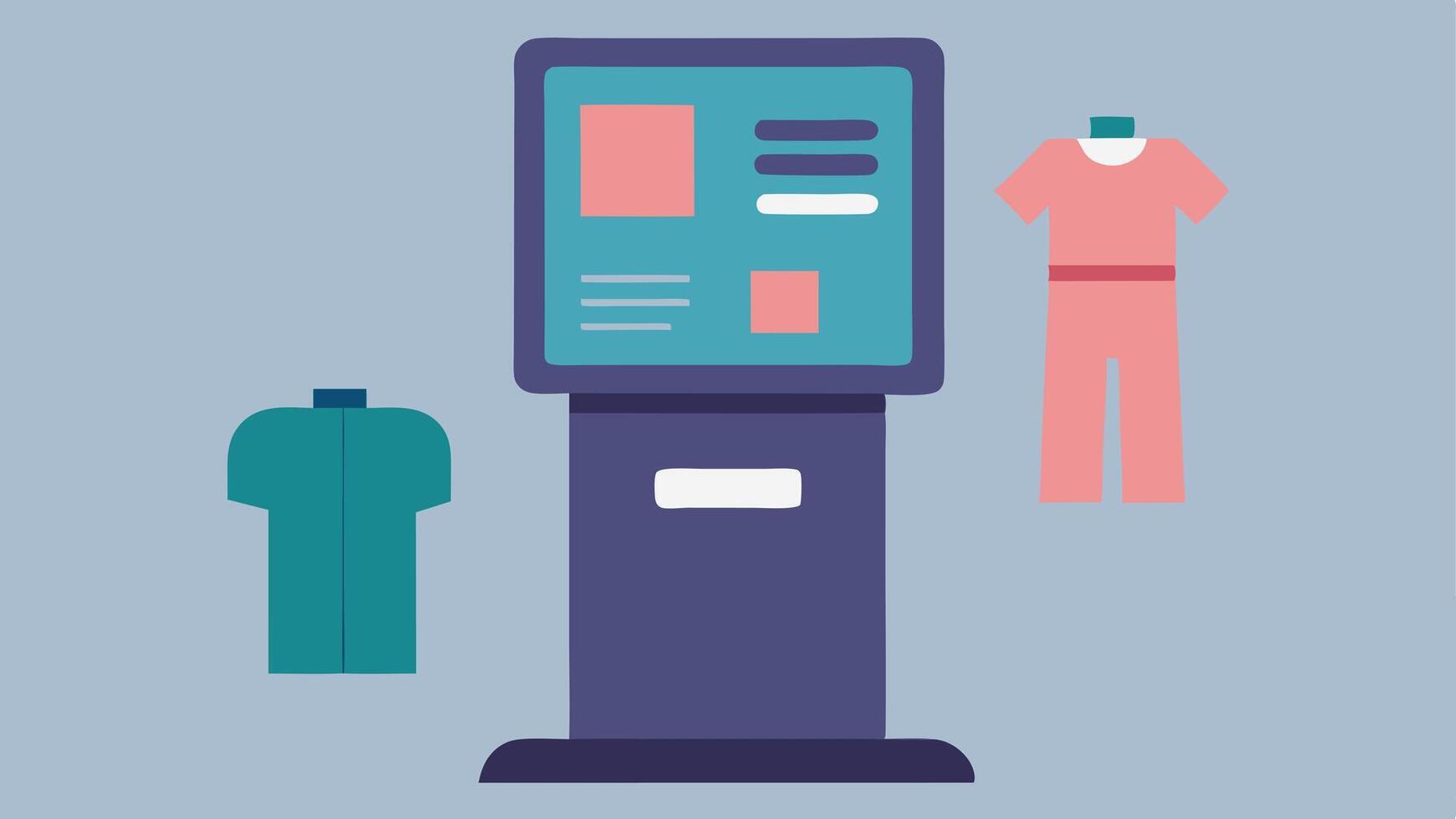 Interactive Kiosk An illustration of a digital kiosk where customers can browse clothing options featuring a userfriendly interface with accessibility options such as large text. vector