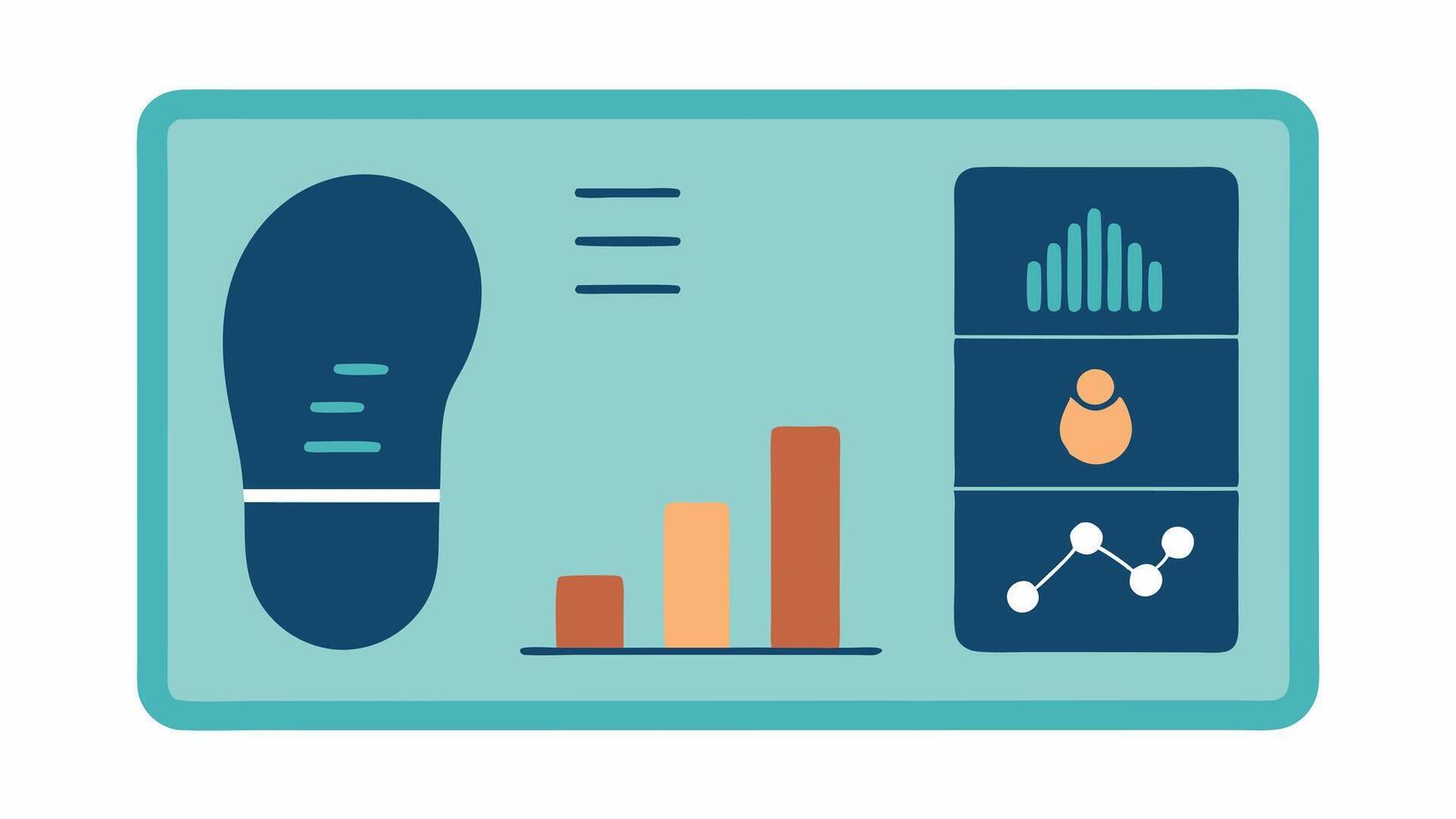 User Interface A digital display panel showing statistics such as step count foot pressure distribution and gait analysis results next to an illustrated shoe.. vector