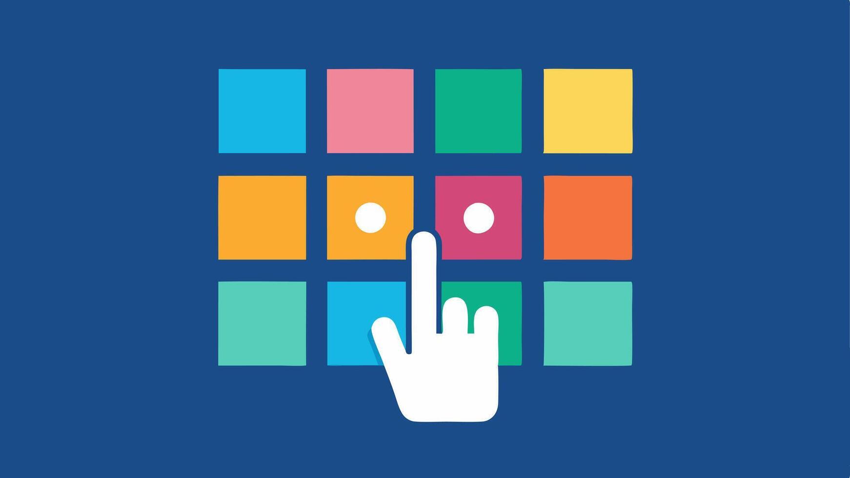 Touch Responsive Grid A grid made of colorful squares with a hand icon hovering over one square indicating touch interaction. A few squares light up to show activation suggesting. vector