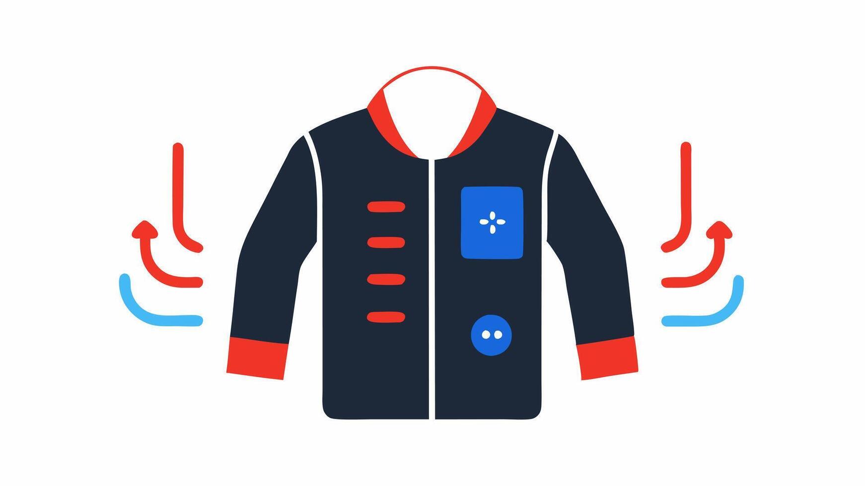 Smart Fabric Jacket An illustration of a stylish jacket with embedded sensors and heating elements showcased with temperature zones highlighted in blue and red indicating cooling. vector