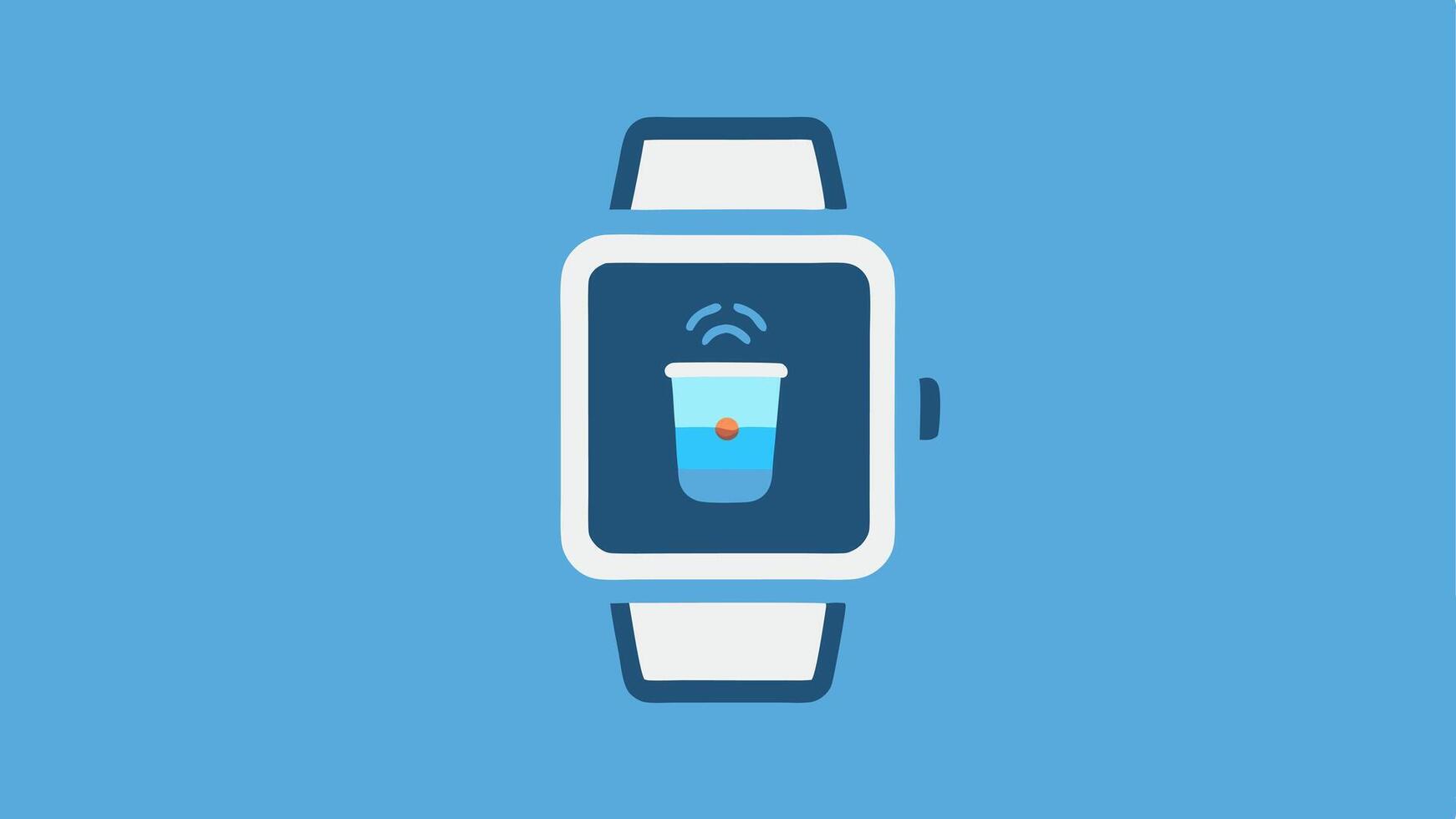 Smarch Interface A closeup of a smarch face showing a hydration reminder notification with a water glass icon and a countdown timer for the next drink.. vector