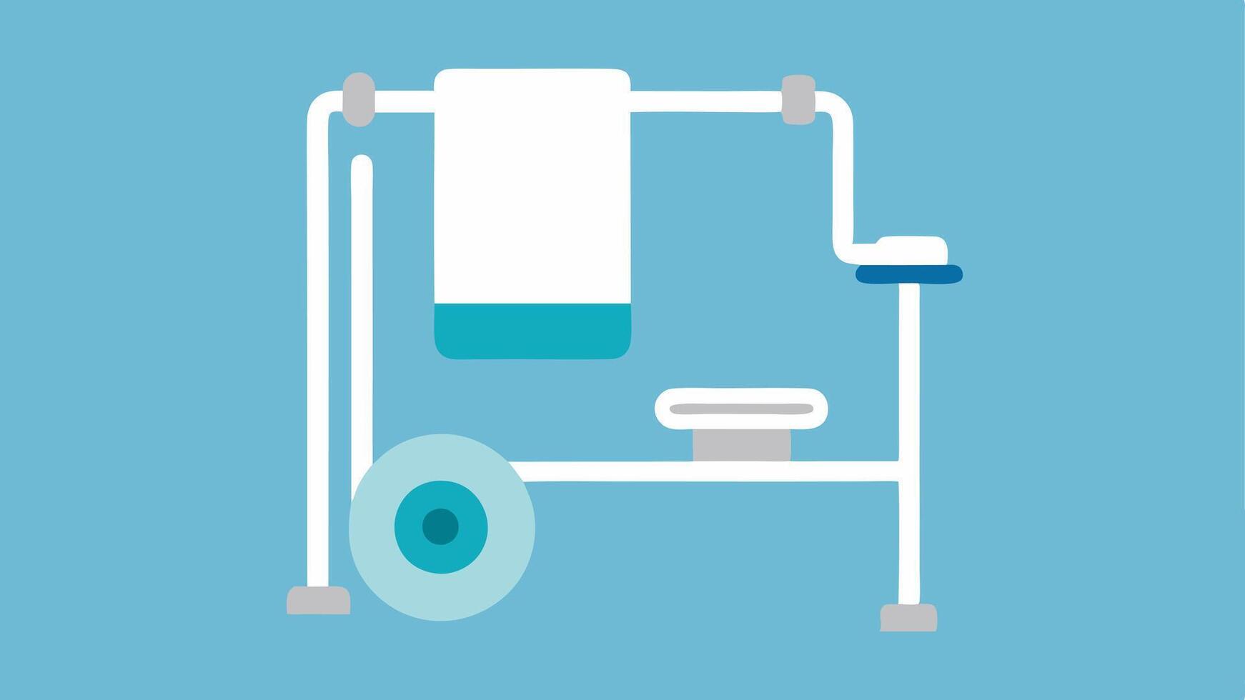 Rollin Shower Design A depiction of a roll shower area within the restroom with a drain and no curb showing grab bars and a shower seat.. vector
