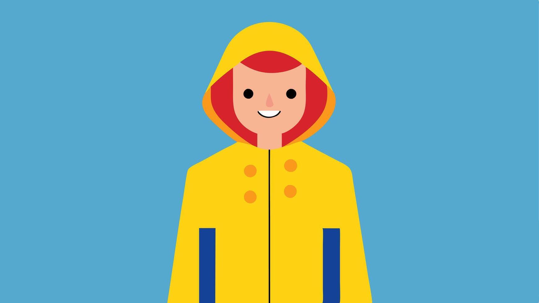 Reversible Raincoat A lightweight reversible raincoat with contrasting colors on each side shown being worn by a cheerful individual in a light drizzle.. vector