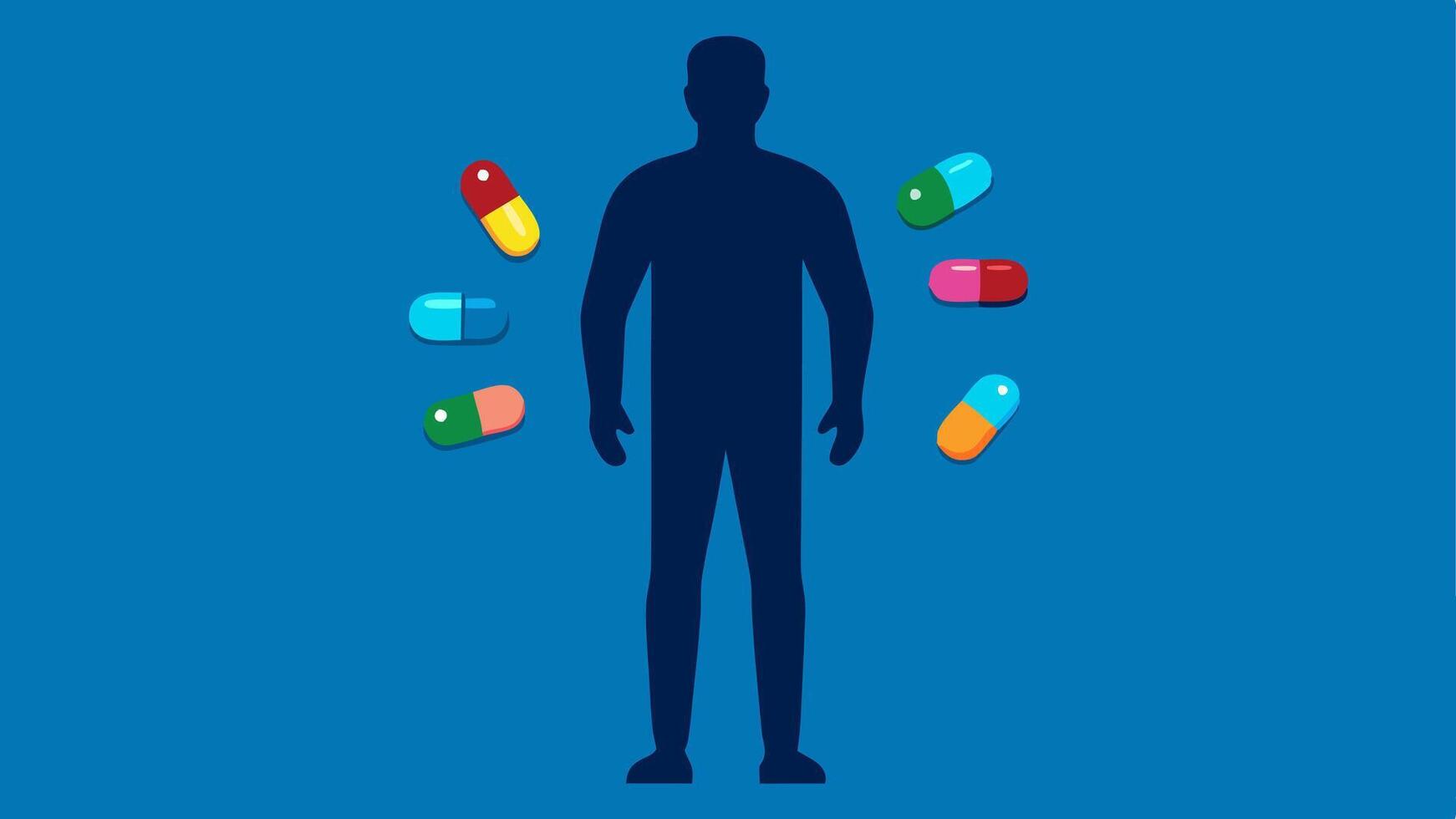 Supplements in Hand A silhouette of a biohacker standing confidently with a handful of colorful capsules and tablets representing various longevity supplements.. vector