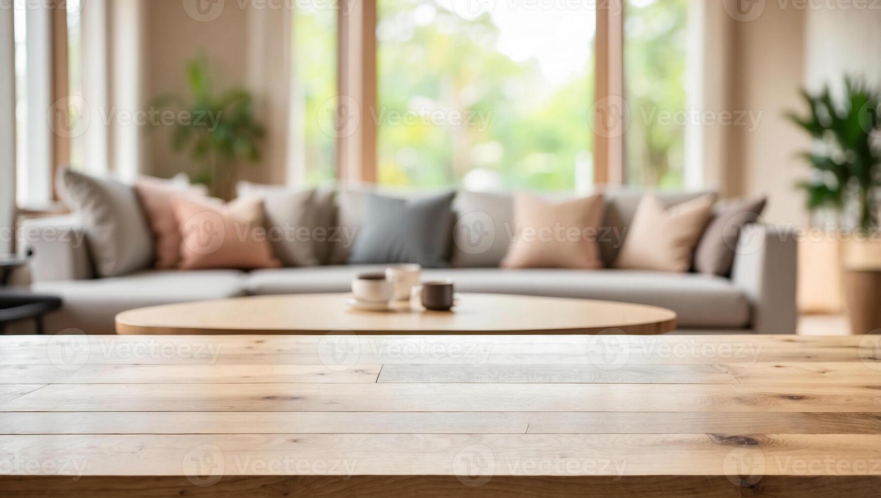 Empty Beautiful wood table top and blur bokeh modern living room interior background in clean and bright photo