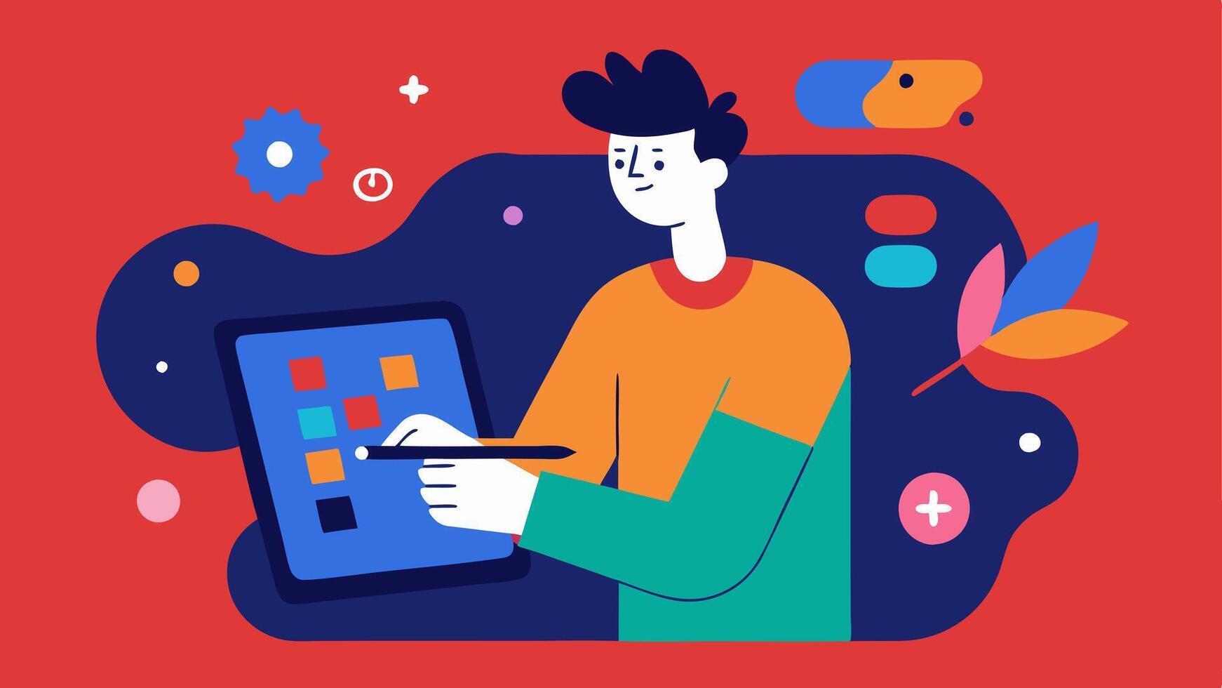Artistic Expression An artist using adaptive technologies such as a specially designed tablet to create digital artwork. The illustration shows their colorful designs on the. vector
