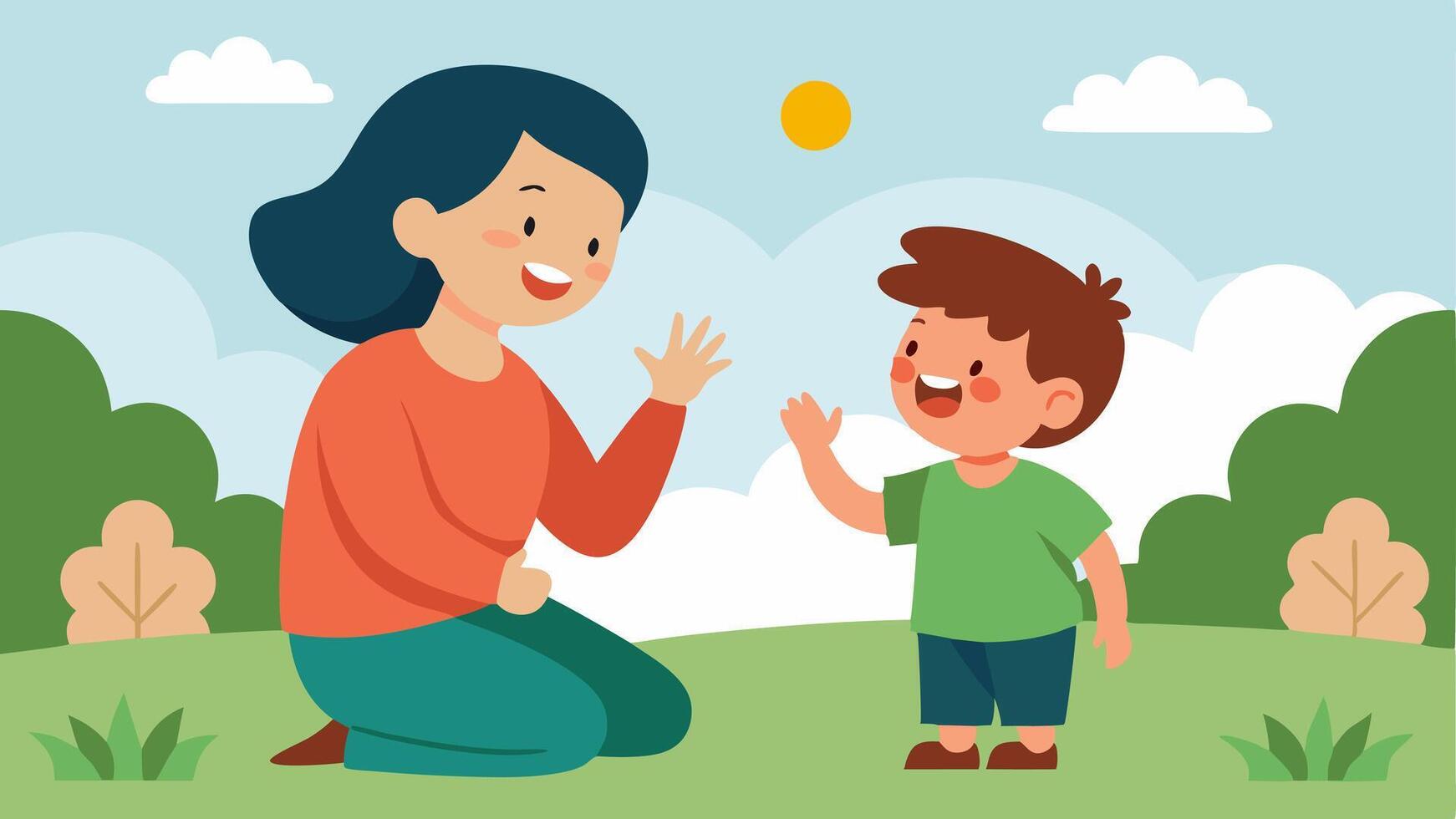 Caring Parent A parent with a hearing impairment playing with their child in a park using sign language to communicate joyfully surrounded by laughter and fun.. vector