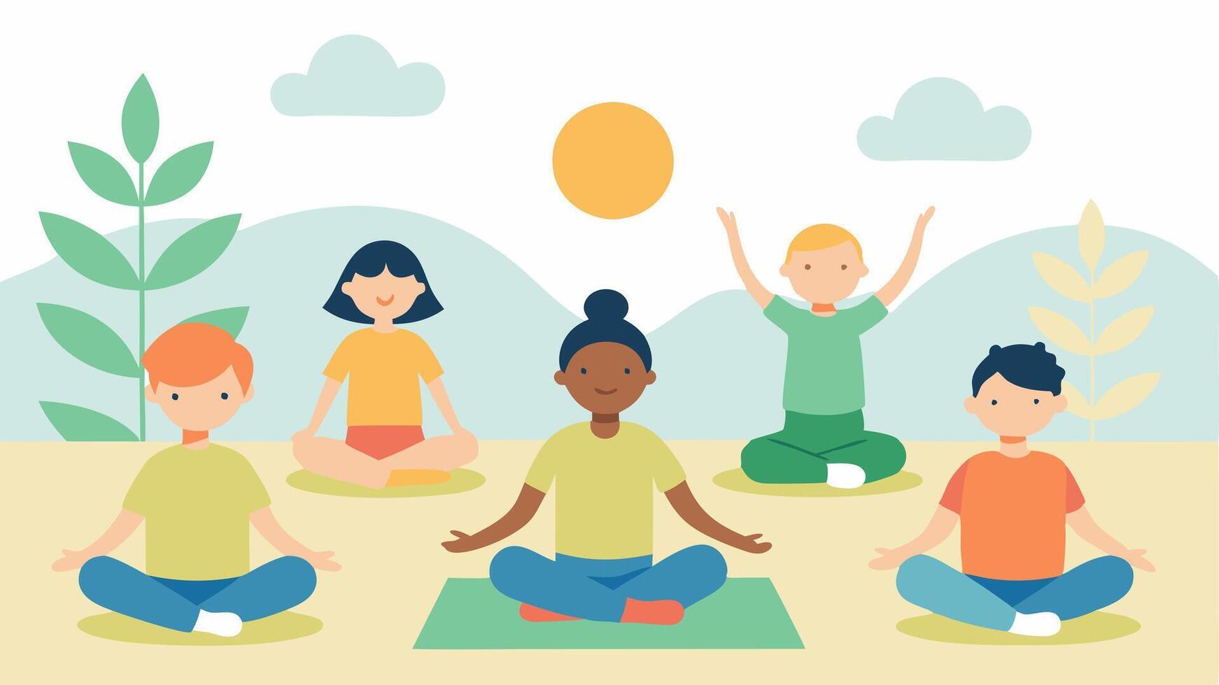 Adaptive Yoga A group of children practicing yoga in a peaceful setting with some using chairs and mats surrounded by greenery and soft sunlight.. vector