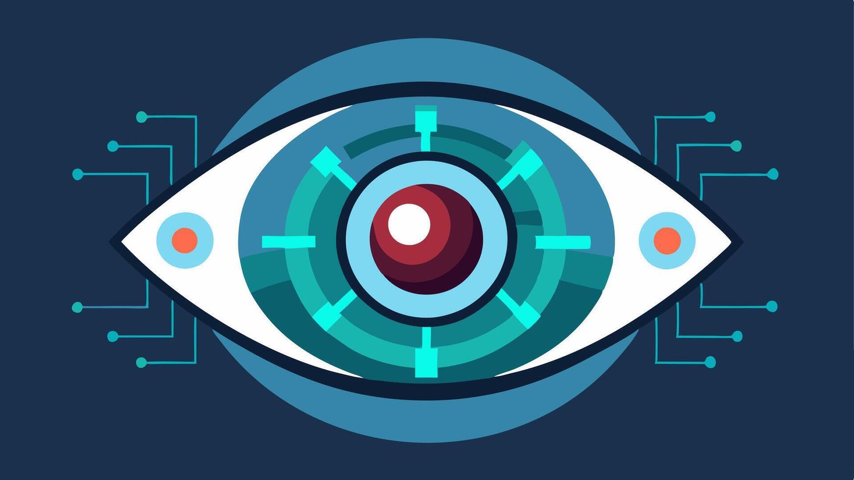 Bionic Eye A futuristic depiction of a bionic eye with intricate circuitry patterns and glowing elements illustrating the concept of enhanced vision.. vector