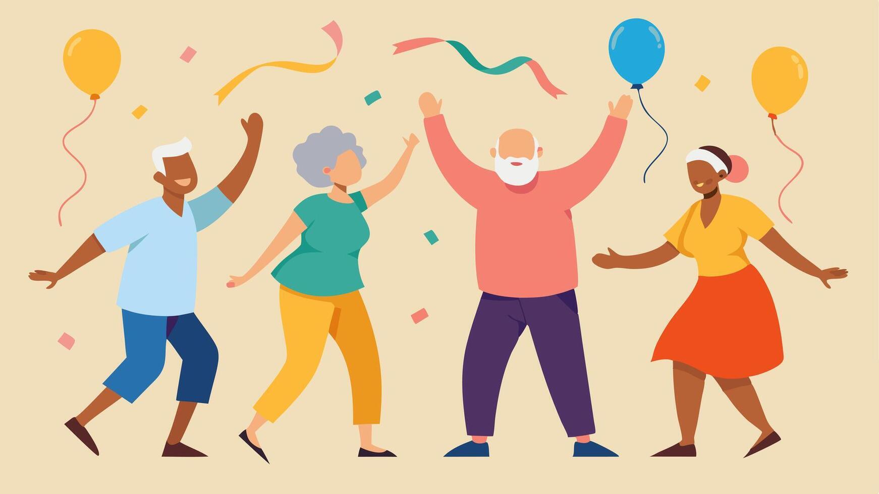 Dance Circle A diverse group of seniors of various backgrounds enjoying a lively dance class with colorful streamers and balloons in the background showcasing joy and movement.. vector